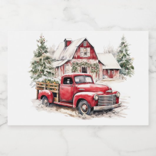 Waterverf Kerst  Vrachtwagen en Schuur Voedselcontainer Etiket (Enkel label)