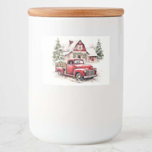 Waterverf Kerst  Vrachtwagen en Schuur Voedselcontainer Etiket (Voorkant)