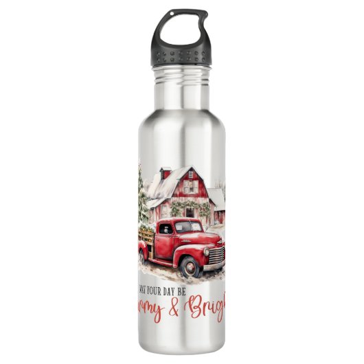 Waterverf Kerst  Vrachtwagen en Schuur Waterfles (Voorkant)