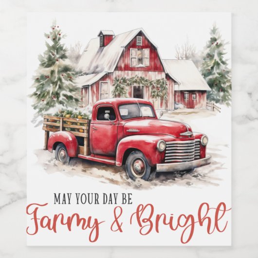 Waterverf Kerst Vrachtwagen en Schuur Wijn Etiket (Enkel label)