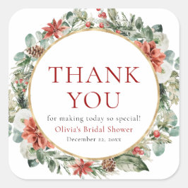 Waterverf Kerst Winter Rood Goud Bruiloftsdouche Vierkante Sticker