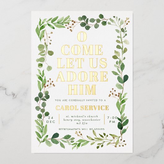Waterverf Kerstakerkerkerkdienst Greenery Folie Uitnodiging (Voorkant)