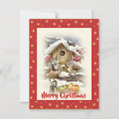 Waterverf kerstappelvogels sneeuwbessen rood feestdagenkaart (Voorkant)