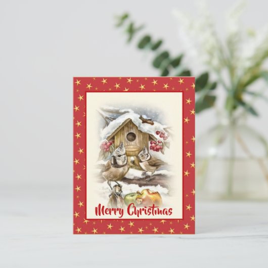 Waterverf kerstappelvogels sneeuwbessen rood feestdagenkaart (Staand voorkant)