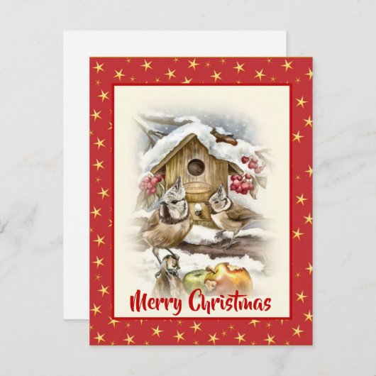 Waterverf kerstappelvogels sneeuwbessen rood feestdagenkaart (Voorkant / Achterkant)