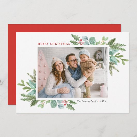 Waterverf kerstavond en Holly Foto Feestdagenkaart (Voorkant / Achterkant)