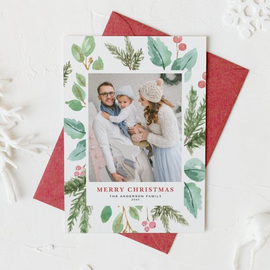 Waterverf kerstavond en Holly Lijst Foto Feestdagenkaart