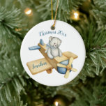 Waterverf kerstavond van het Beer Cute  Keramisch Ornament<br><div class="desc">Zoet klein beer met blauw lintje op zijn nek,  vliegend in een  vliegtuig. Personaliseer met de naam van het kind. Jaar toevoegen. Zo'n schattig keramisch kerstsiertje.</div>
