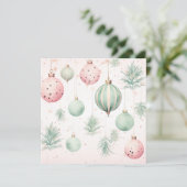 Waterverf kerstballen mint en roze feestdagenkaart (Staand voorkant)