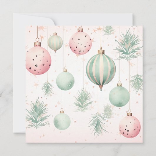 Waterverf kerstballen mint en roze feestdagenkaart (Voorkant)