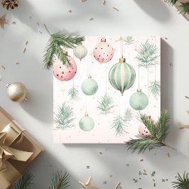 Waterverf kerstballen mint en roze feestdagenkaart