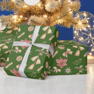 Waterverf kerstbellen, Poinsettia Green Cadeaupapier