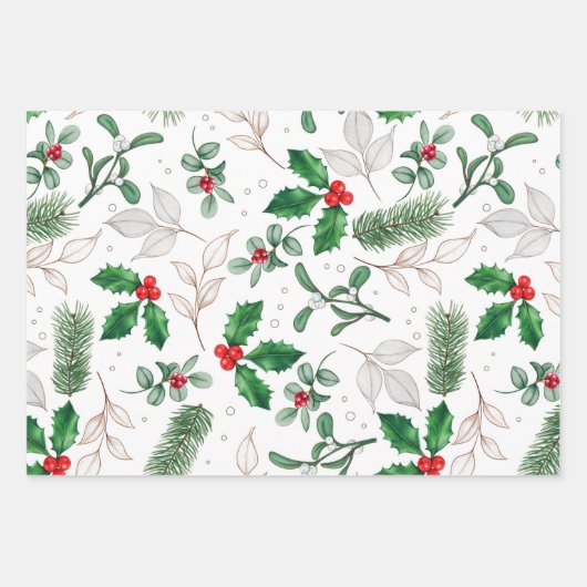 Waterverf kerstbladeren en Berries White Inpakpapier Vel (Voorkant 3)