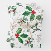 Waterverf kerstbladeren en Berries White Inpakpapier Vel (In situ)