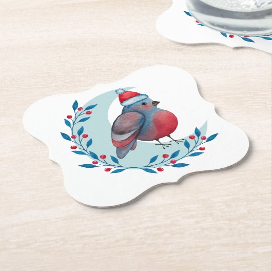 Waterverf kerstblauwe vogel op maan kartonnen onderzetters (Gekanteld)