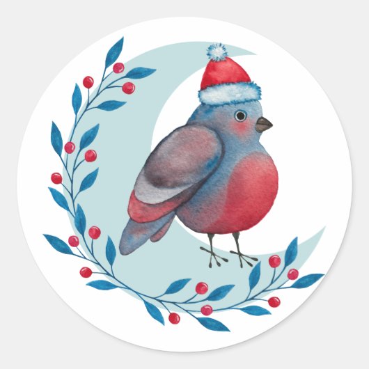 Waterverf kerstblauwe vogel op maan ronde sticker (Voorkant)