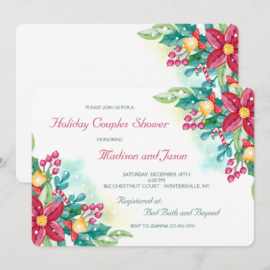 Waterverf Kerstbloemen Douche Uitnodiging (Voorkant / Achterkant)