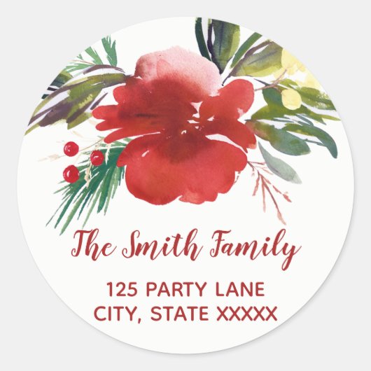 Waterverf kerstbloemen Rondterugkeer Adres Ronde Sticker (Voorkant)