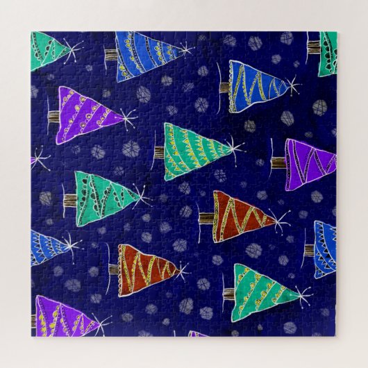 Waterverf kerstbomen: bospatroon. legpuzzel (Horizontaal)