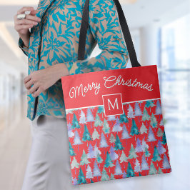 Waterverf Kerstbomen Feestelijke Rode Monogrammed Tote Bag