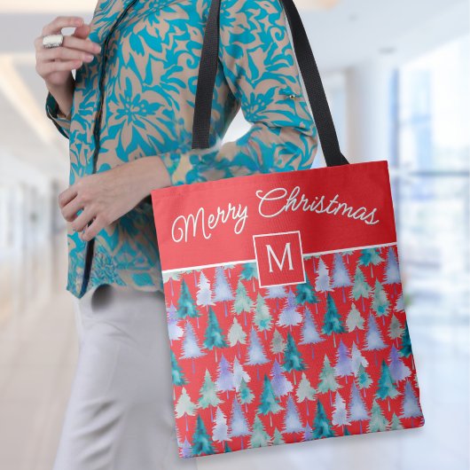 Waterverf Kerstbomen Feestelijke Rode Monogrammed Tote Bag