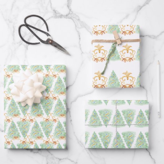 Waterverf Kerstbomen Goud Grandmillennial Inpakpapier Vel (Voorkant)