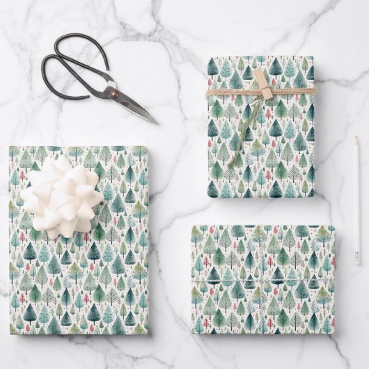 Waterverf kerstbomen inpakpapier vel (Voorkant)
