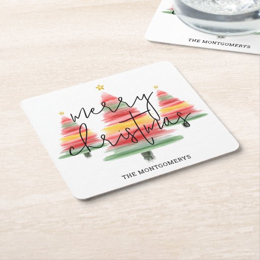 Waterverf kerstbomen kartonnen onderzetters (Schuin)