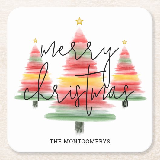Waterverf kerstbomen kartonnen onderzetters (Voorkant)