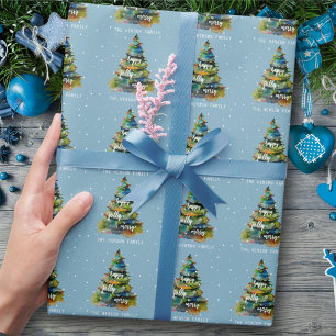 Waterverf kerstbomen Merry Jolly Happy Blue Cadeaupapier