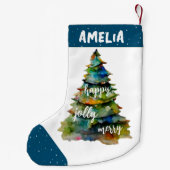 Waterverf kerstbomen Merry Jolly Happy Blue Kleine Kerstsok (Achterkant)