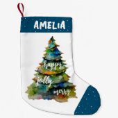 Waterverf kerstbomen Merry Jolly Happy Blue Kleine Kerstsok (Voorkant)