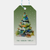 Waterverf kerstbomen Merry Jolly Happy Cadeaulabel (Voorkant)
