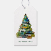 Waterverf kerstbomen Merry Jolly Happy Cadeaulabel (Voorkant)