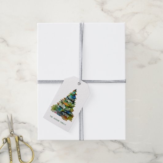 Waterverf kerstbomen Merry Jolly Happy Cadeaulabel (Met Touw)