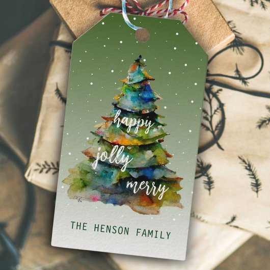 Waterverf kerstbomen Merry Jolly Happy Cadeaulabel