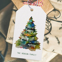 Waterverf kerstbomen Merry Jolly Happy Cadeaulabel