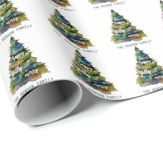Waterverf kerstbomen Merry Jolly Happy Cadeaupapier (Rol Hoek)