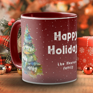 Waterverf kerstbomen Merry Jolly Happy Family Mok