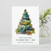 Waterverf kerstbomen Merry Jolly Happy Feestdagenkaart (Staand voorkant)