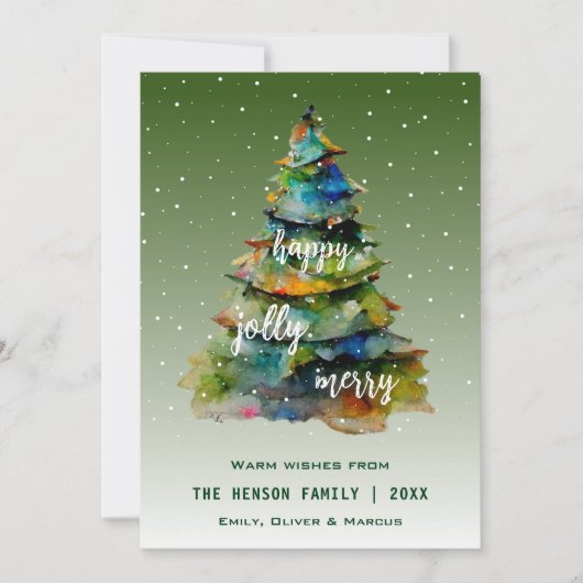 Waterverf kerstbomen Merry Jolly Happy Feestdagenkaart (Voorkant)