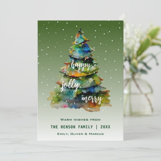 Waterverf kerstbomen Merry Jolly Happy Feestdagenkaart (Staand voorkant)