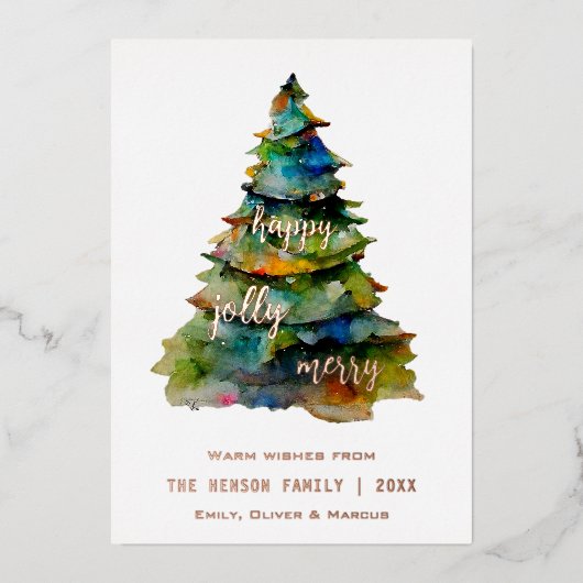Waterverf kerstbomen Merry Jolly Happy Folie Feestdagenkaart (Voorkant)