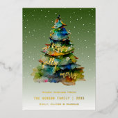 Waterverf kerstbomen Merry Jolly Happy Folie Feestdagenkaart (Voorkant)