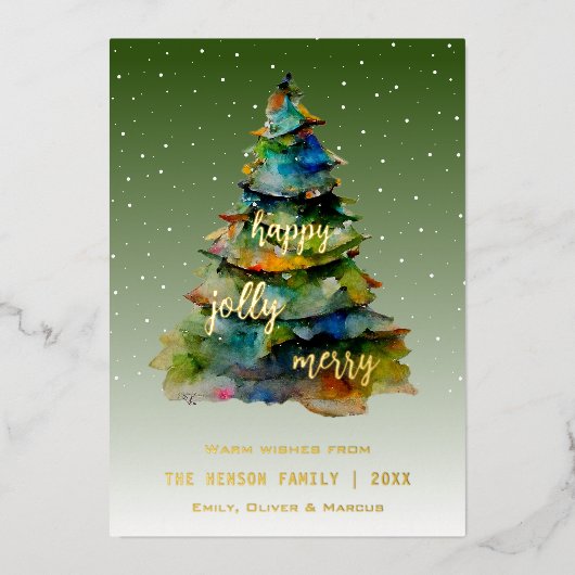 Waterverf kerstbomen Merry Jolly Happy Folie Feestdagenkaart (Voorkant)
