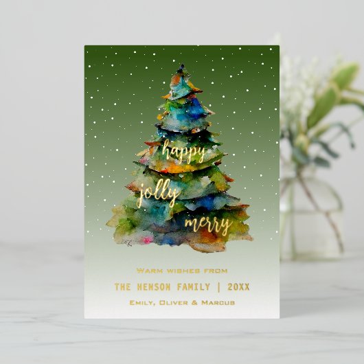 Waterverf kerstbomen Merry Jolly Happy Folie Feestdagenkaart (Staand Voorkant)