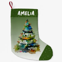 Waterverf kerstbomen Merry Jolly Happy Green