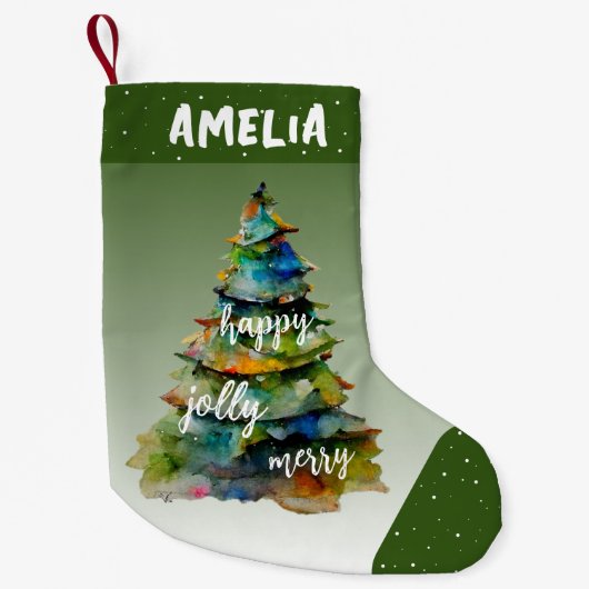 Waterverf kerstbomen Merry Jolly Happy Green Kleine Kerstsok (Voorkant)