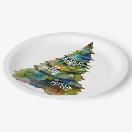 Waterverf kerstbomen Merry Jolly Happy Papieren Bordje (Gekanteld)