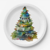 Waterverf kerstbomen Merry Jolly Happy Papieren Bordje (Voorkant)